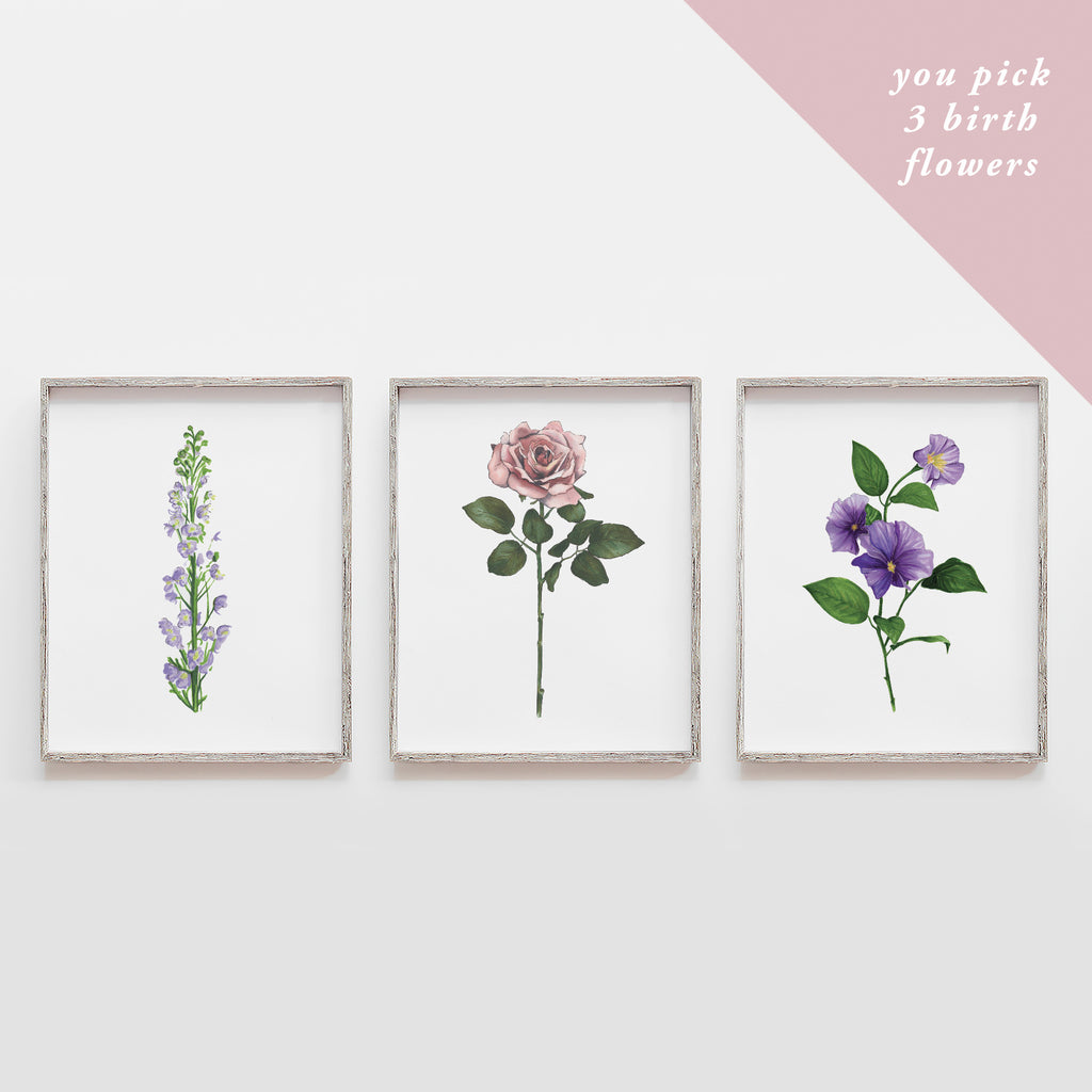 You Pick Three Birth Flowers Art Print Set