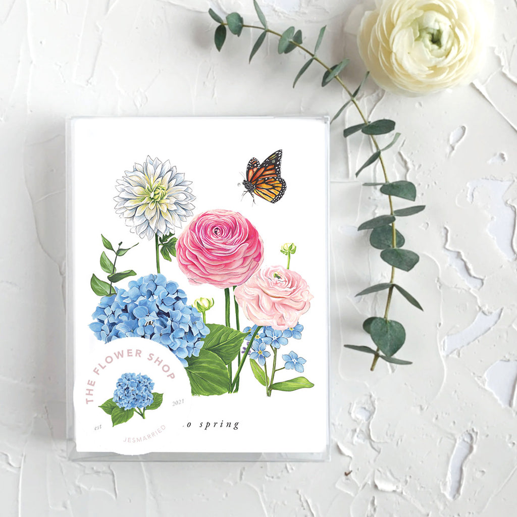 hello spring garden party greeting card with hydrangeas, ranunculus, dahlia and forget me nots box set