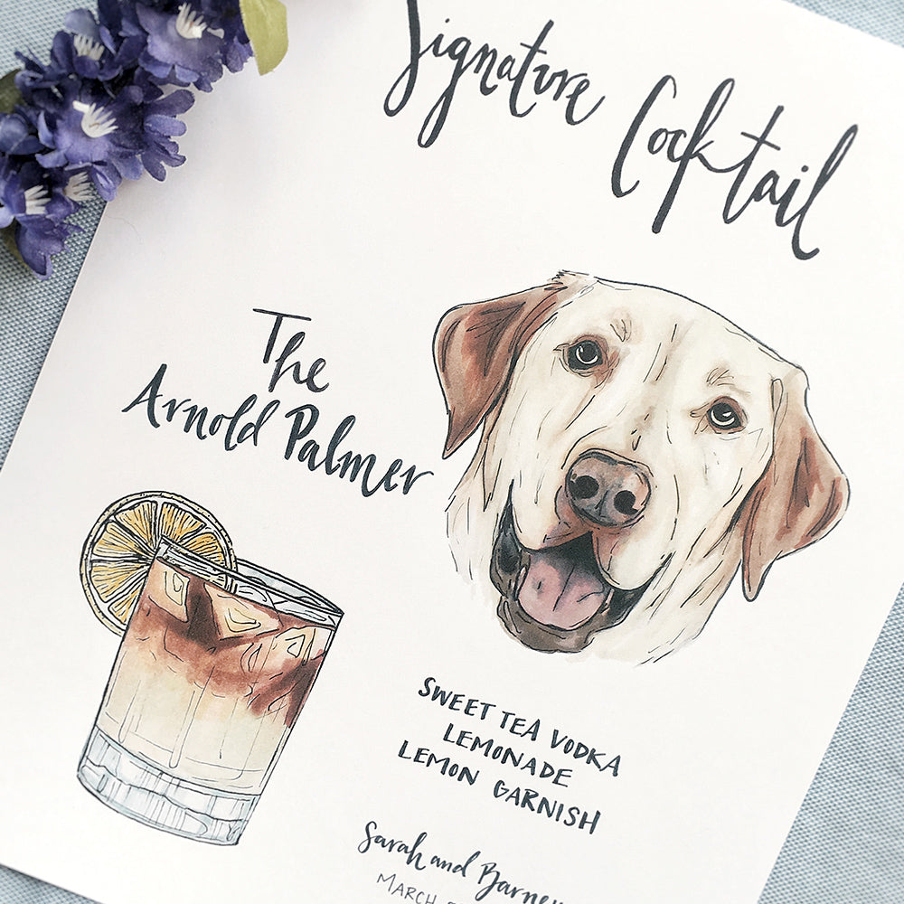 Custom signature cocktail sign with Labrador pet portrait by JesMarried