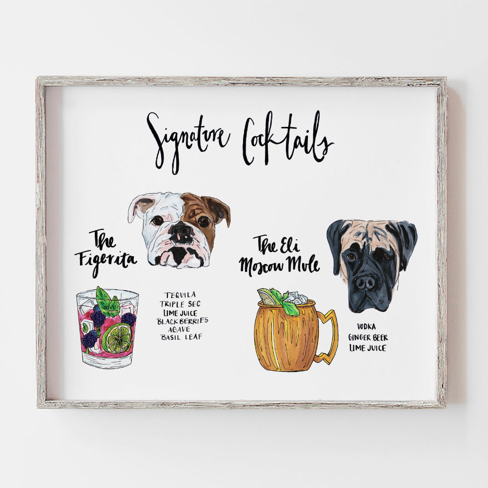 Custom signature cocktail drink sign for open bar with two dogs on the sign by jesmarried