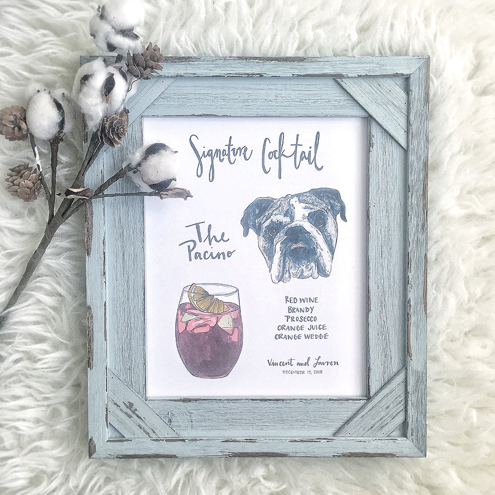 Custom signature cocktail sign to incorporate bull dog dog at wedding by jesmarried