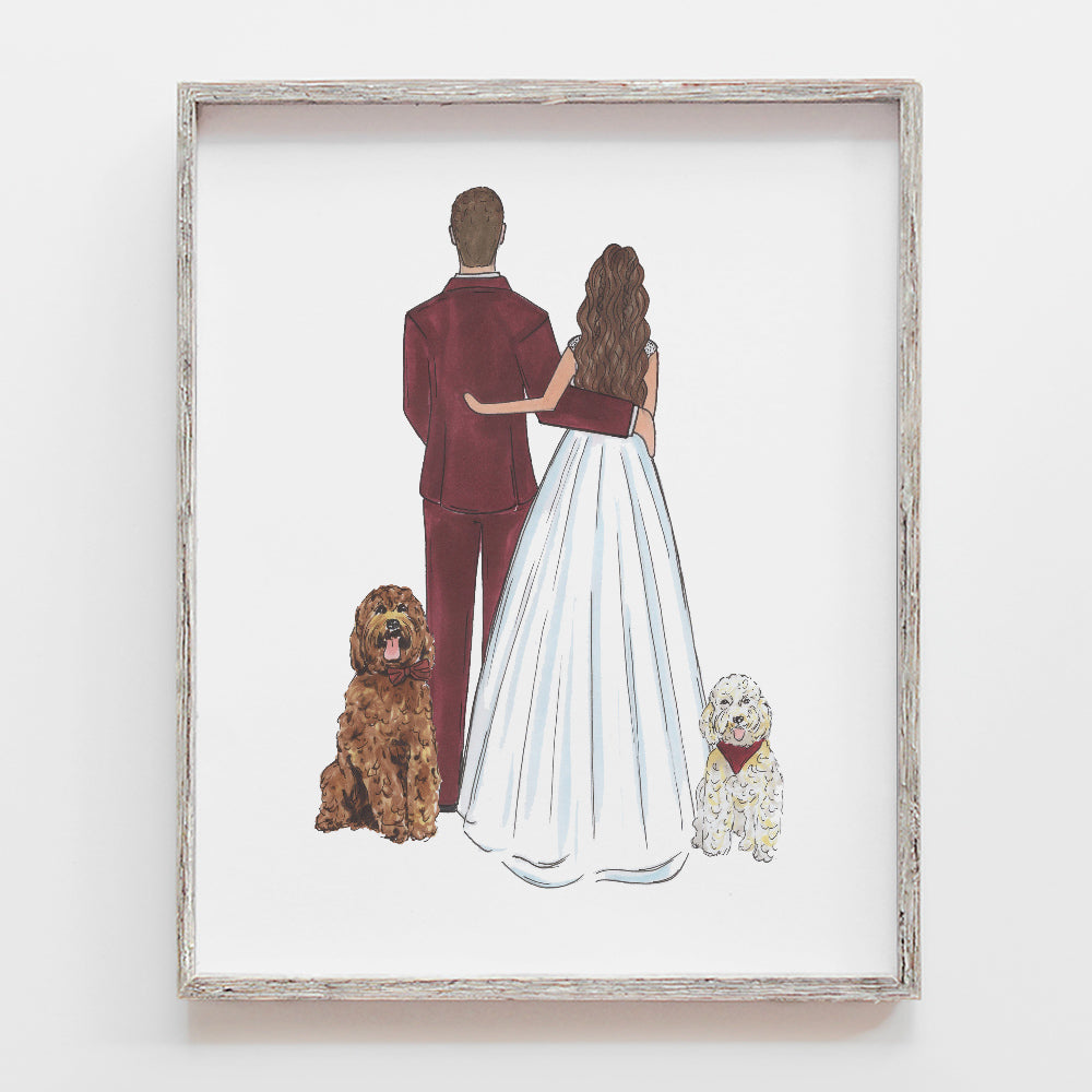 Custom bride and groom drawing gift with pets