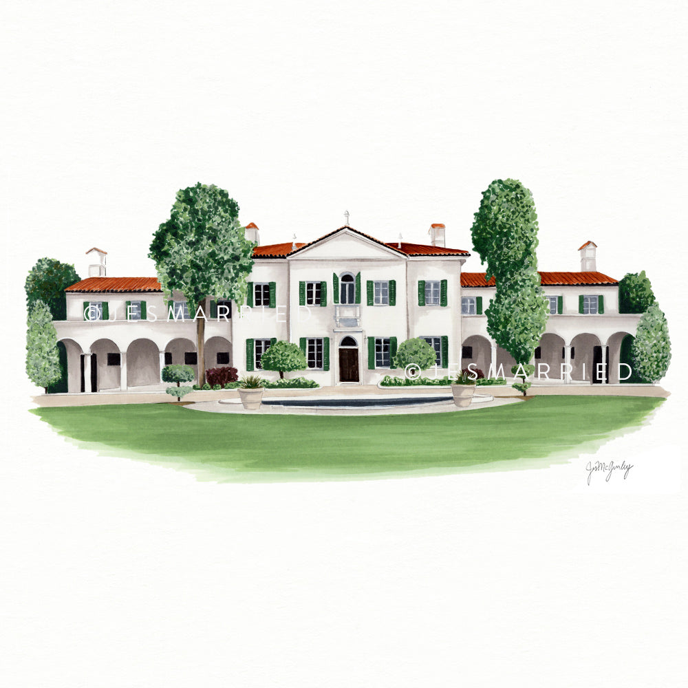 Jekyll Island Club Resort - Hand Painted Watercolor - Pen and Ink Drawing - Fine Art Print - Unique Wedding Gift - hot Georgia - Couple Gift