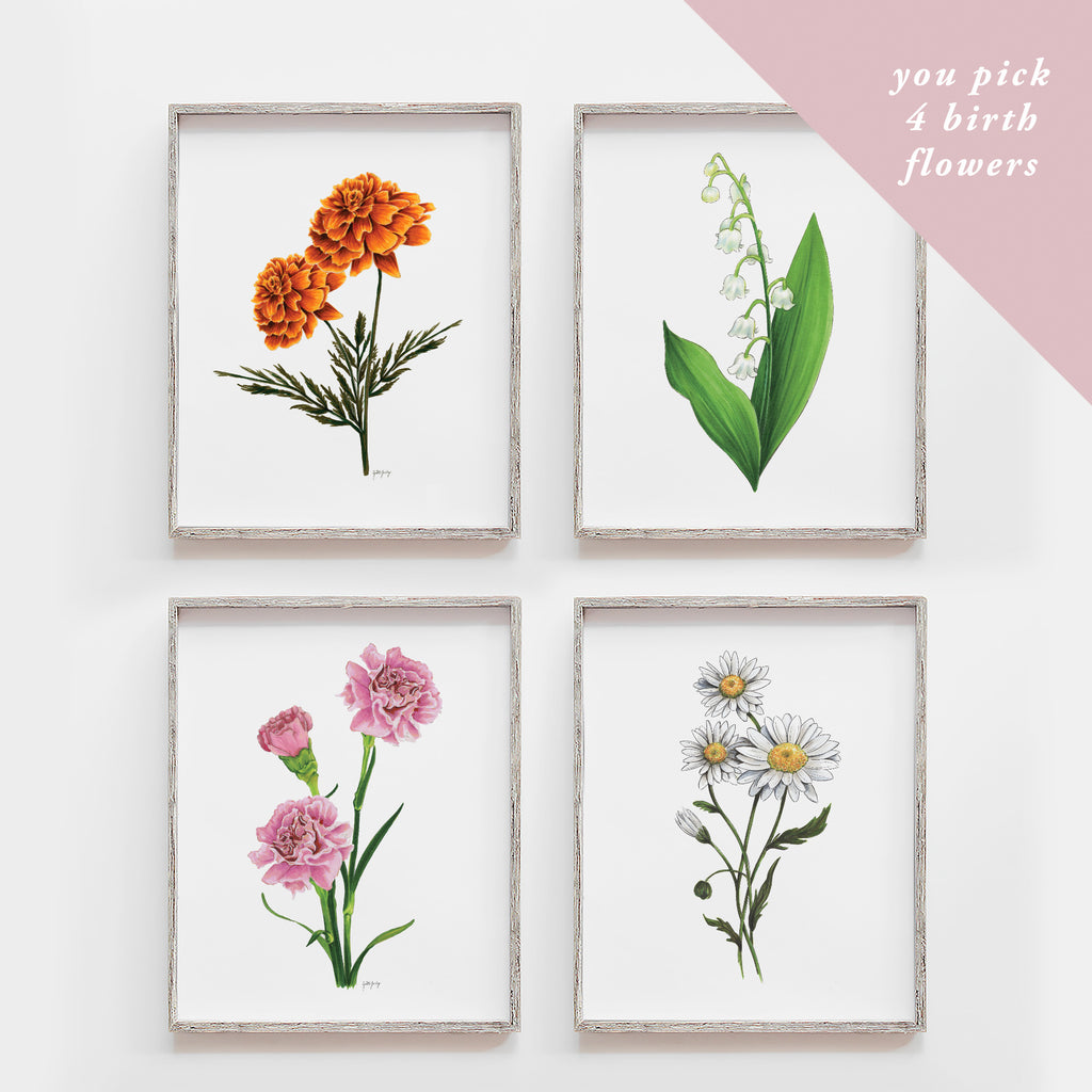 You Pick Four Birth Flowers Art Print Set