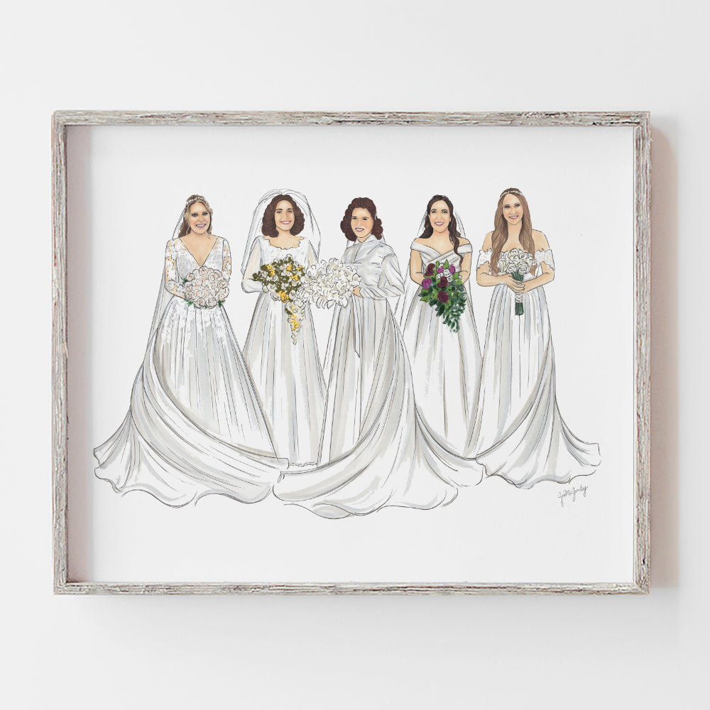 five person generational wedding dress drawing. gift for mother or bride