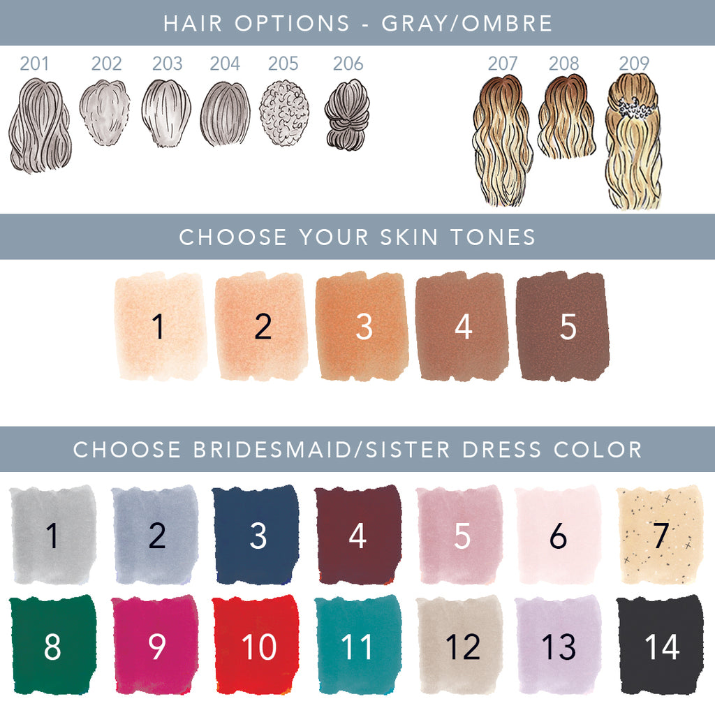 Extra hair, skin and dress color options for bridesmaid or sister ornament