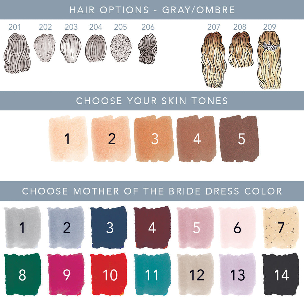Extra hair, skin and dress color options for Mother of the bride ornament