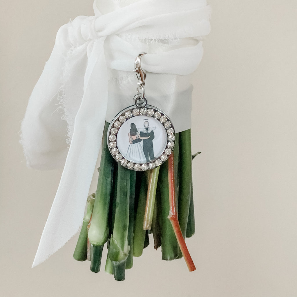 JesMarried custom remembrance drawing inside of a rhinestone charm perfect for adding to a wedding bouquet
