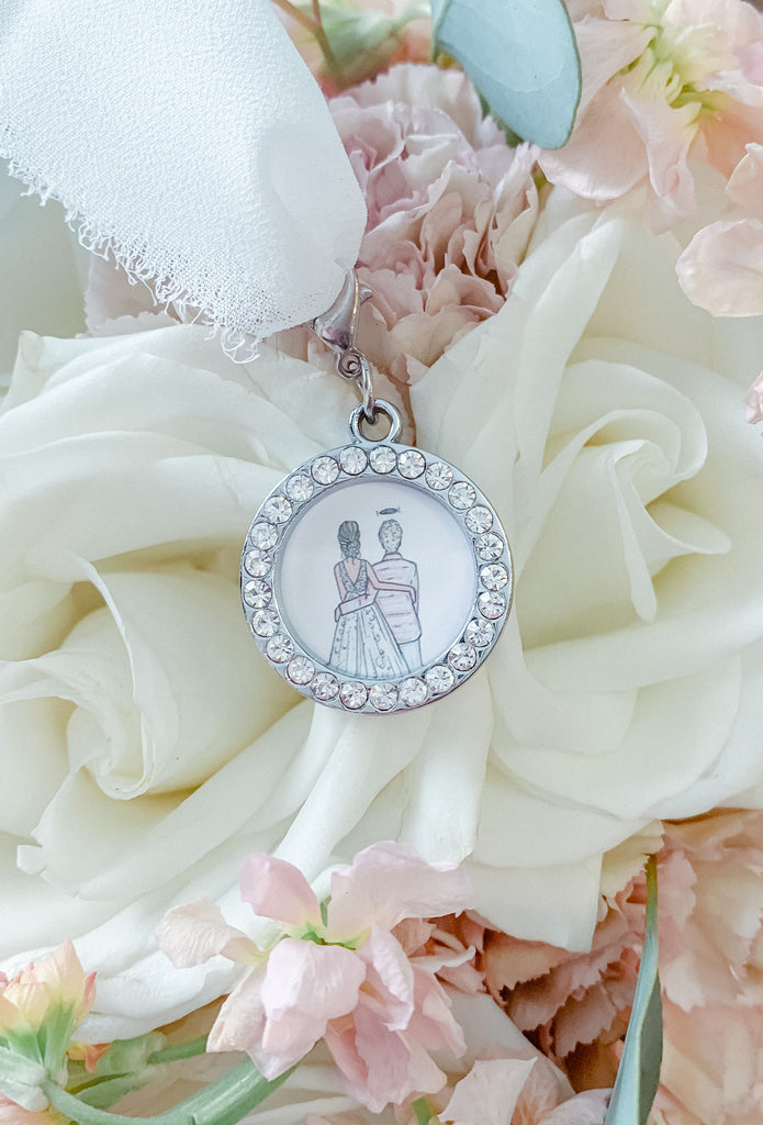 JesMarried custom remembrance drawing inside of a rhinestone charm perfect for adding to a wedding bouquet