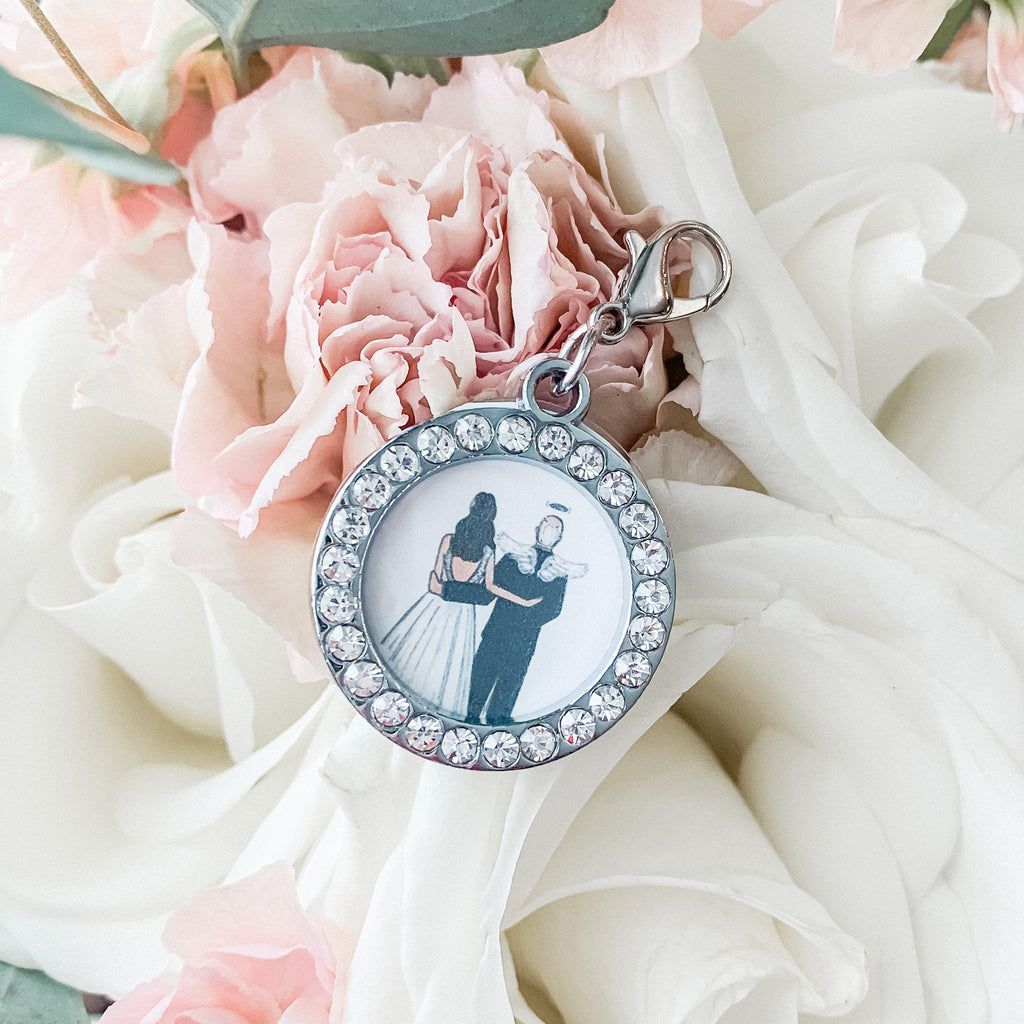 JesMarried custom remembrance drawing inside of a rhinestone charm perfect for adding to a wedding bouquet