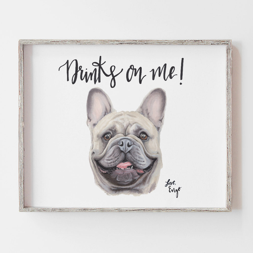 Drinks on us signature cocktail sign with pet portraits by JesMarried