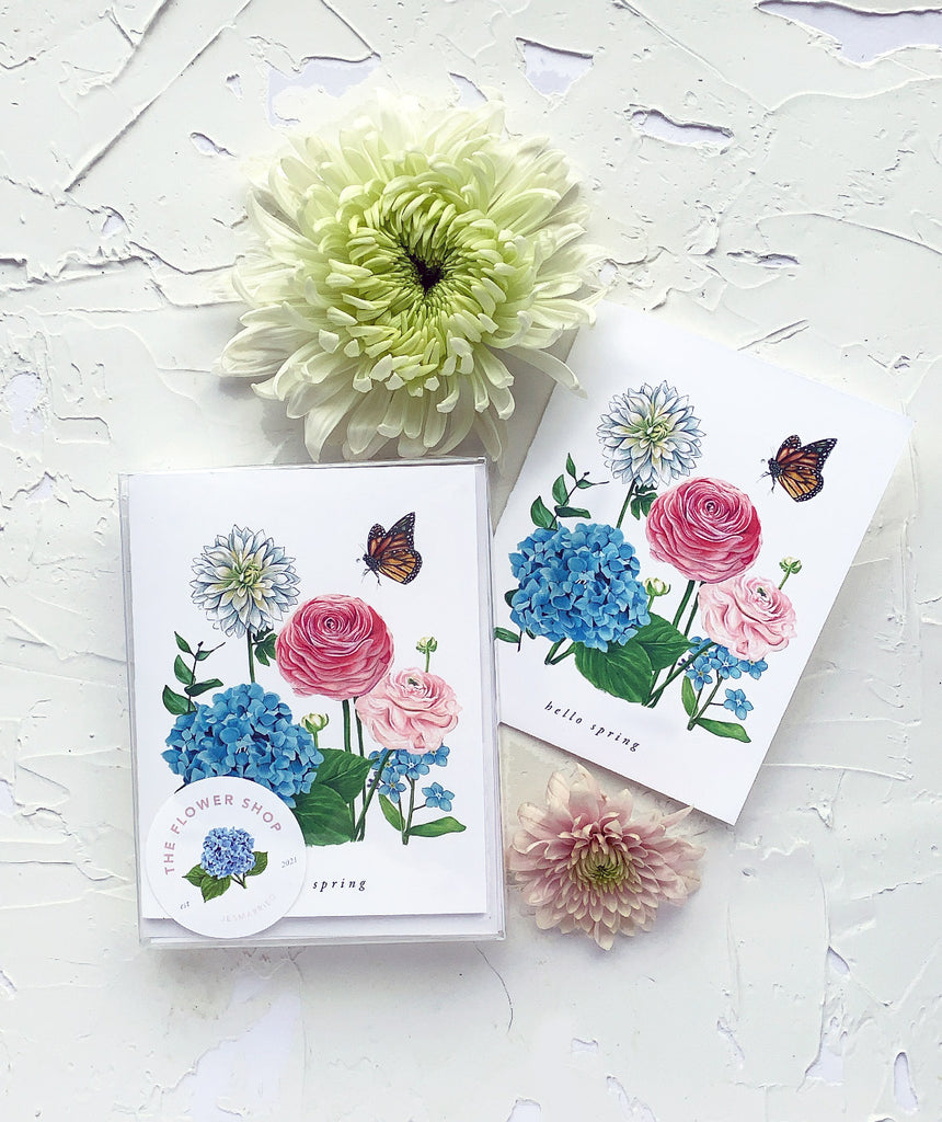 hello spring garden party greeting card with hydrangeas, ranunculus, dahlia and forget me nots