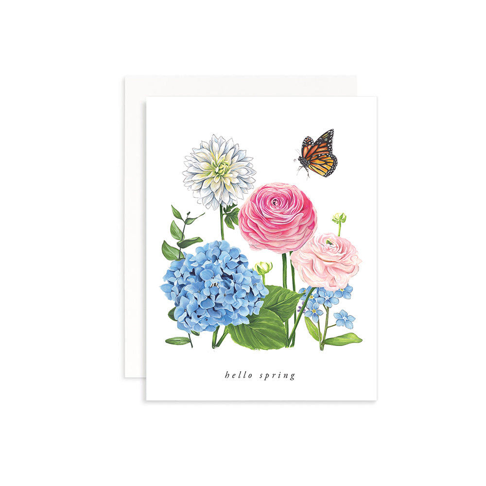 hello spring garden party greeting card with hydrangeas, ranunculus, dahlia and forget me nots