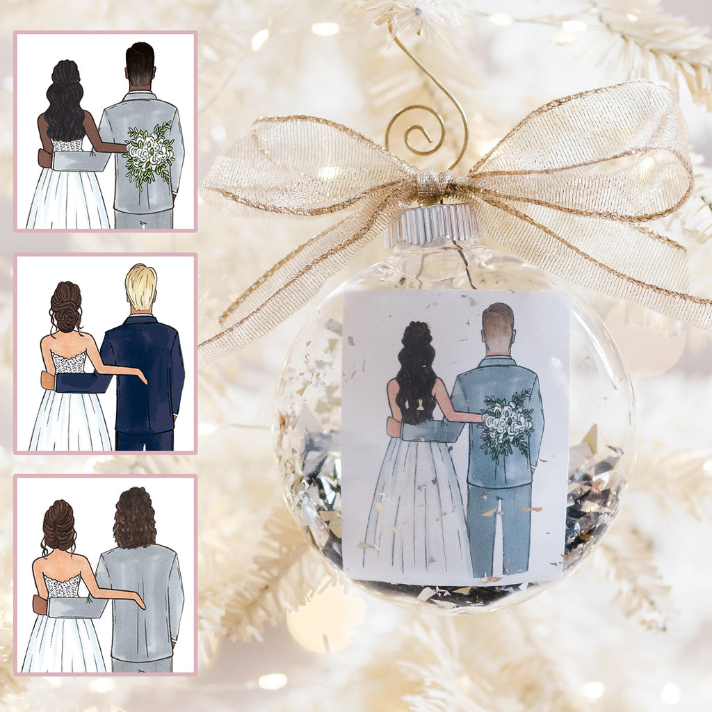 Custom bride and groom christmas holiday ornament for the just married or engaged bride and groom