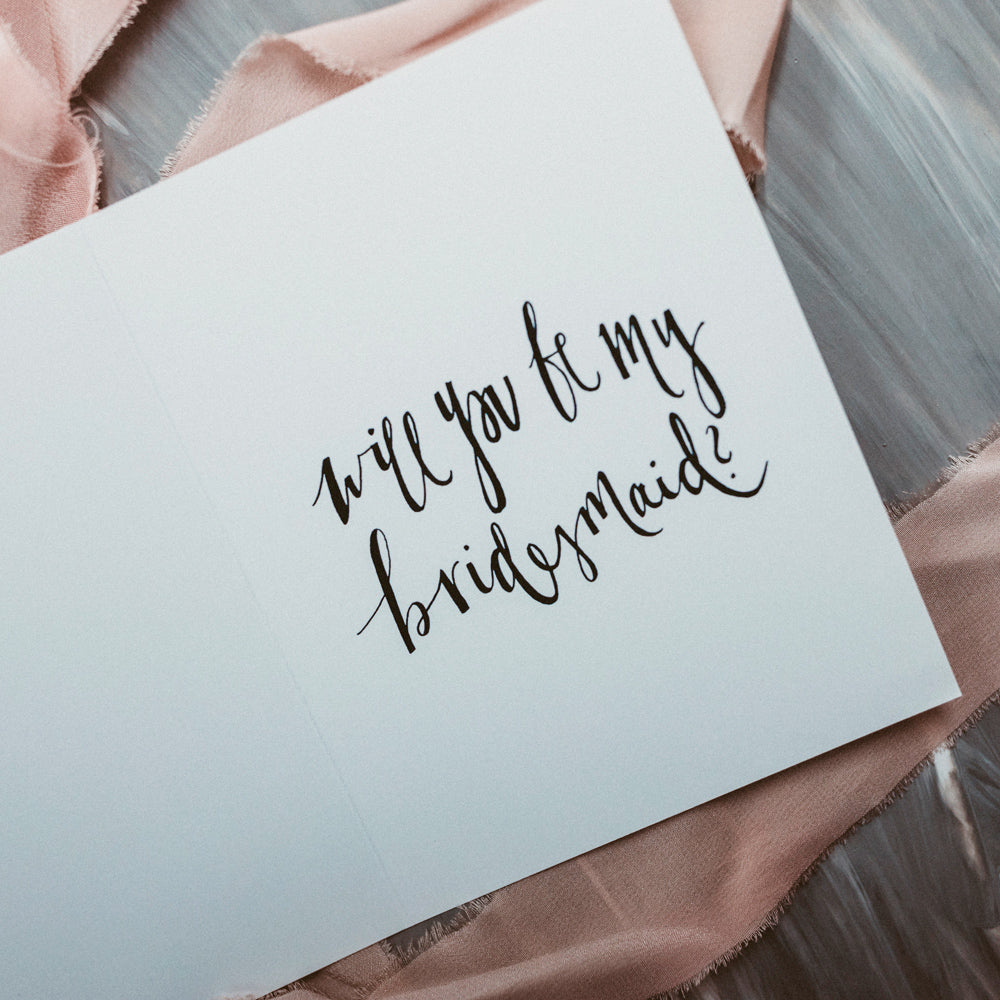 Will you be my bridesmaid? Bridesmaid Notecard that says "Plan with me stand with me cry with me laugh with me" and has a diamond engagement ring by JesMarried