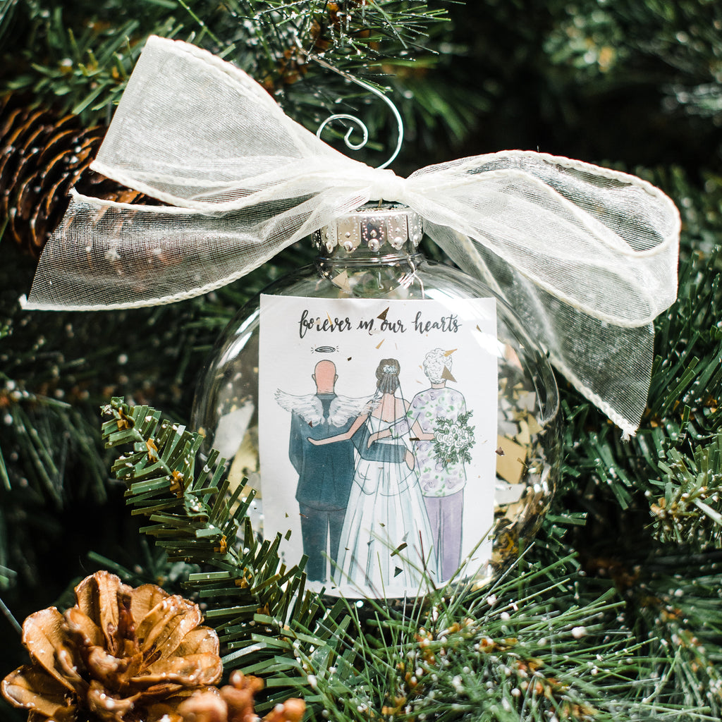 Custom 3 person remembrance wedding ornament with bride and family member in memory such as father of the bride, grandpa of the bride, grandma, sister or mother.