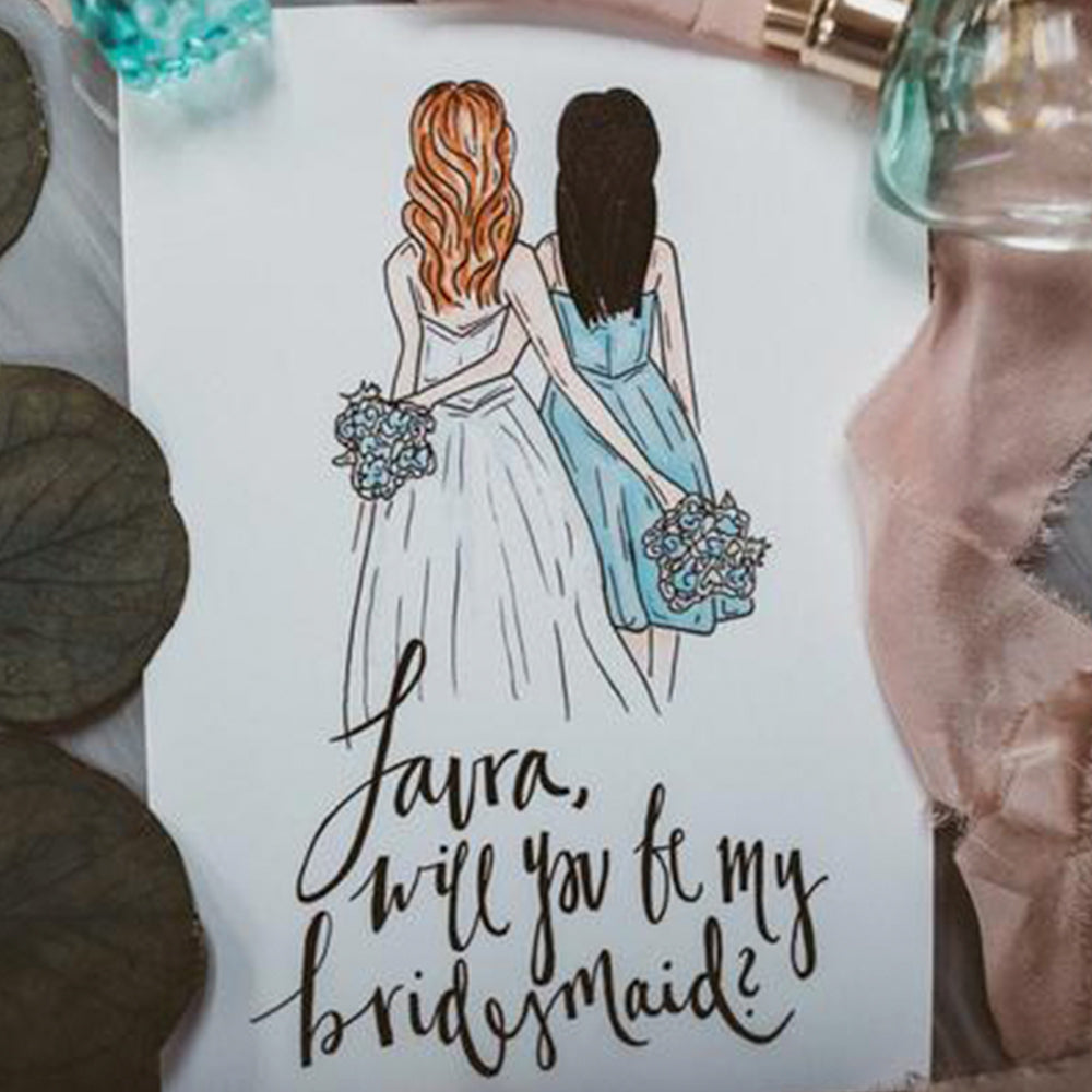 Custom drawing of bridesmaid for a bridal party proposal box to pop the question "will you be my bridesmaid?" by JesMarried