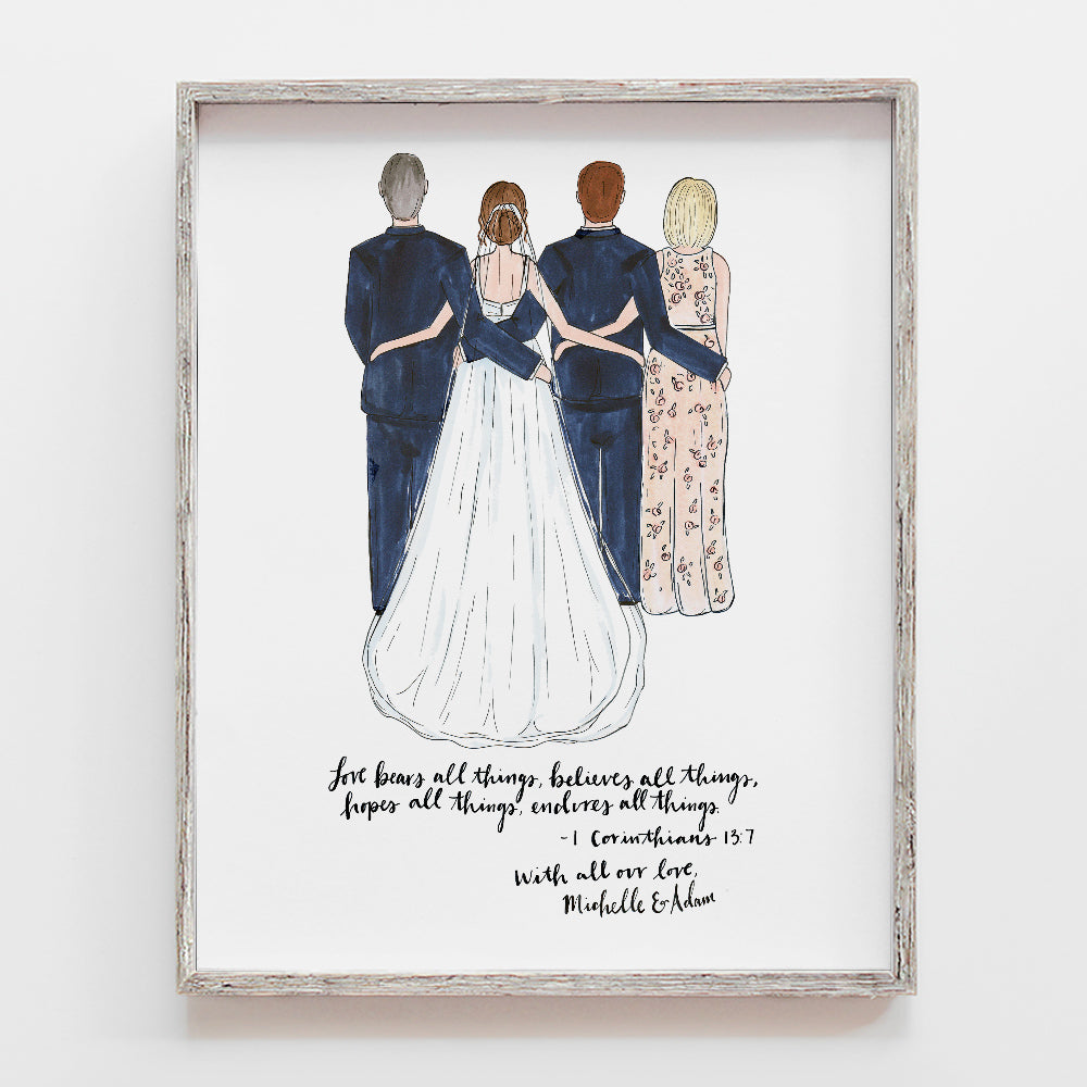 Custom drawing of father of the bride or groom with daughter. This could be with mother of the bride as well. Illustration by JesMarried