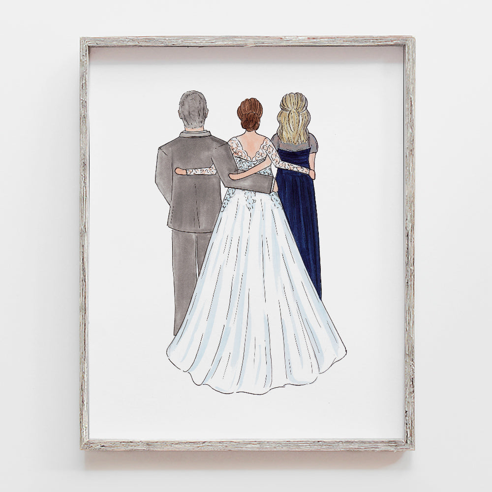 Custom drawing of father of the bride, mother of the bride, groom, bride, grandparents, mother of the groom, father of the groom. Illustration by JesMarried