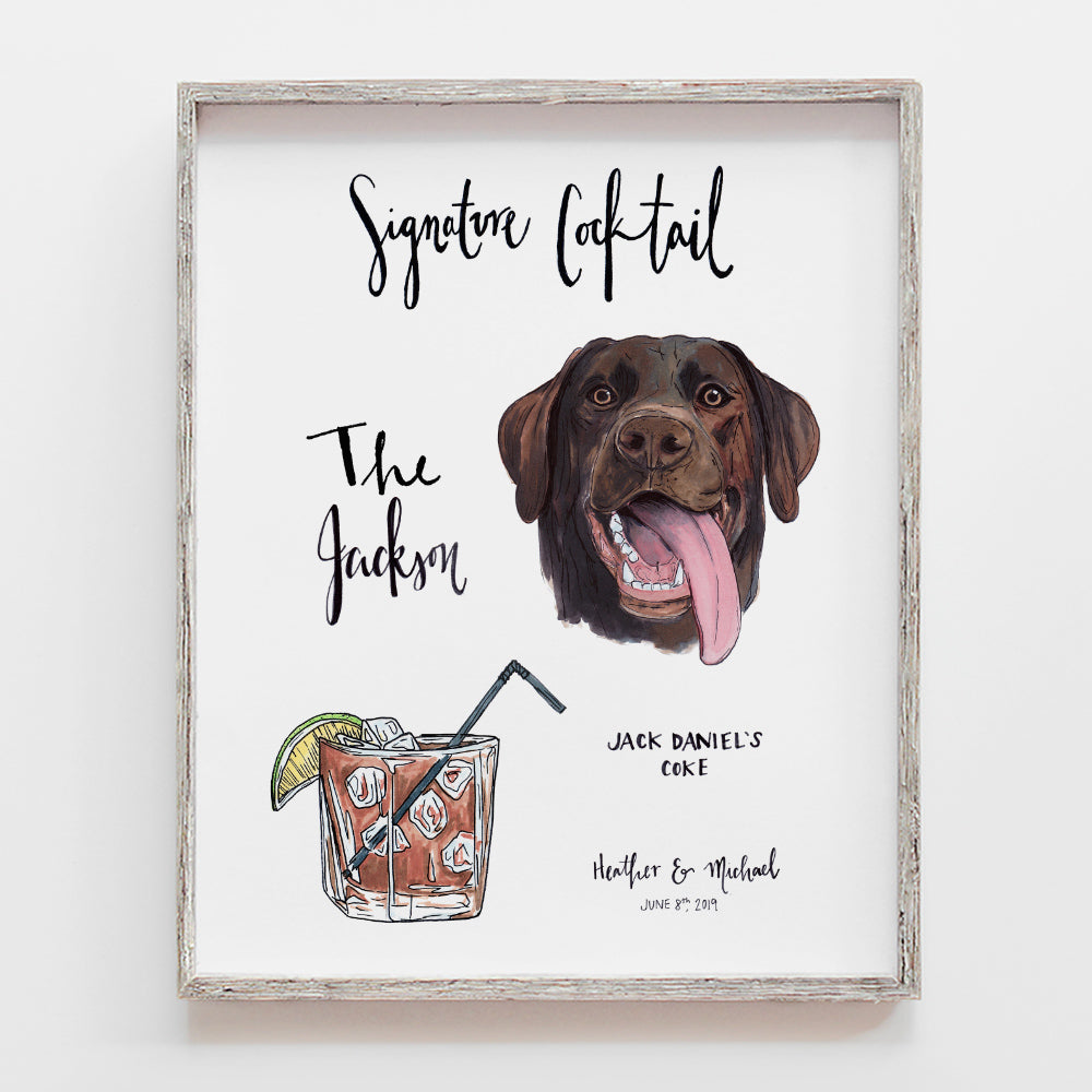 Custom signature cocktail sign with pet portrait by JesMarried