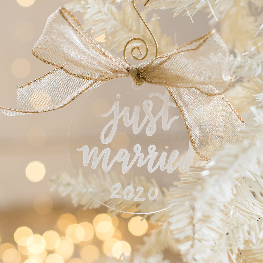custom hand lettered just married with date acrylic ornament perfect to gift to bride and groom for christmas or at wedding