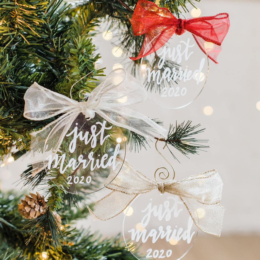 custom hand lettered just married with date acrylic ornament perfect to gift to bride and groom for christmas or at wedding