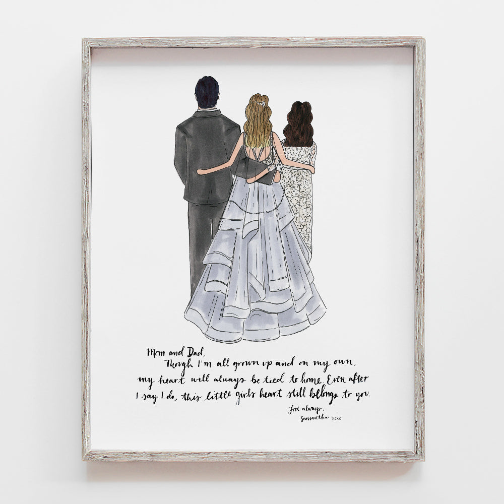 Custom drawing of father of the bride, mother of the bride, groom, bride, grandparents, mother of the groom, father of the groom. Illustration by JesMarried