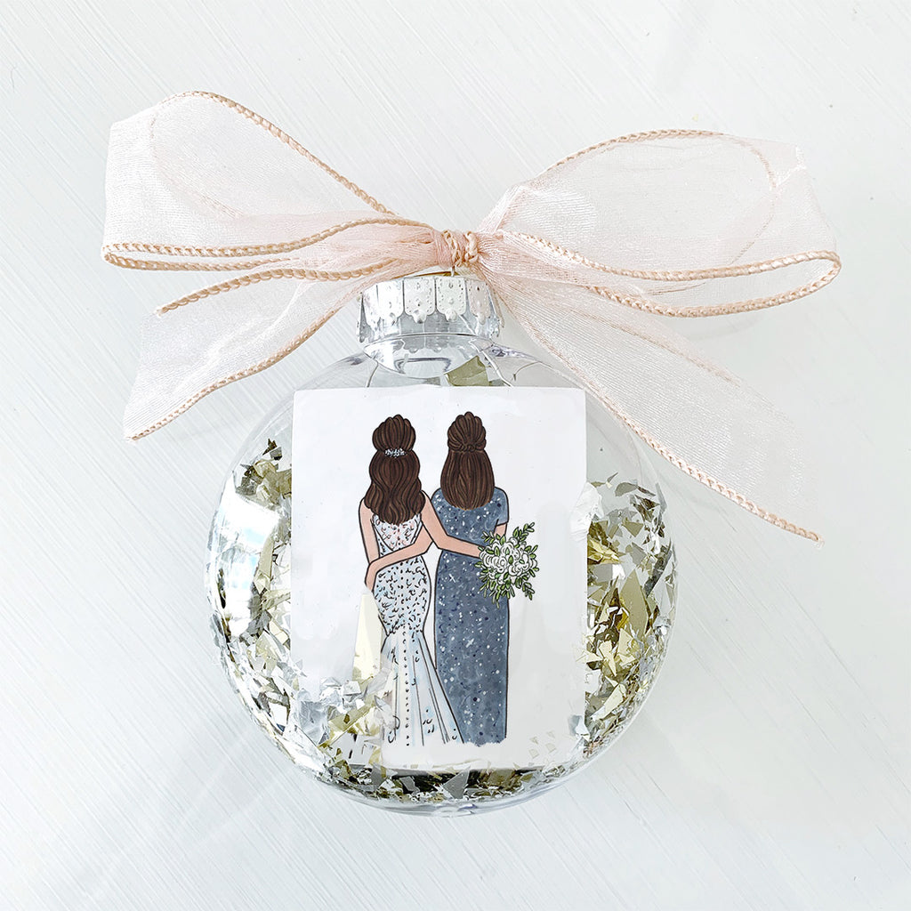 Bridesmaid or maid of honor wedding ornament gifted on christmas or as a thank you present on the day of the wedding from bride