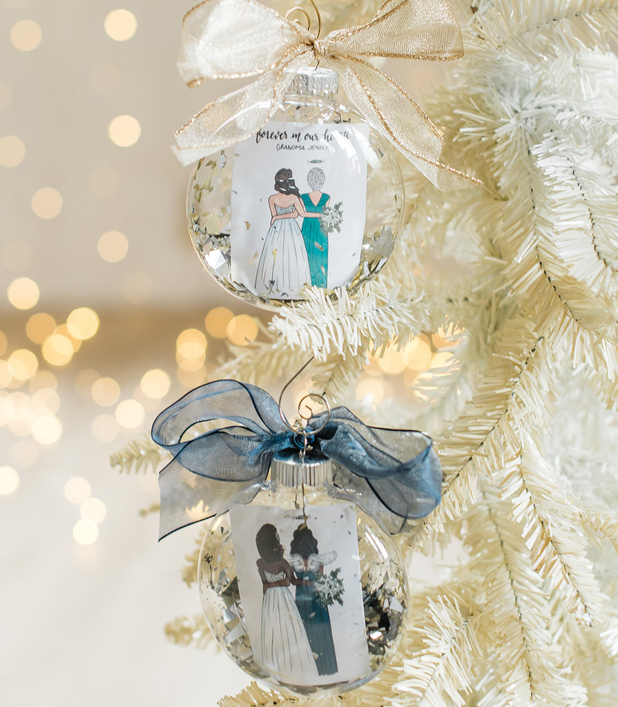 Custom remembrance wedding ornament with bride and family member in memory such as father of the bride, grandpa of the bride, grandma, sister or mother.