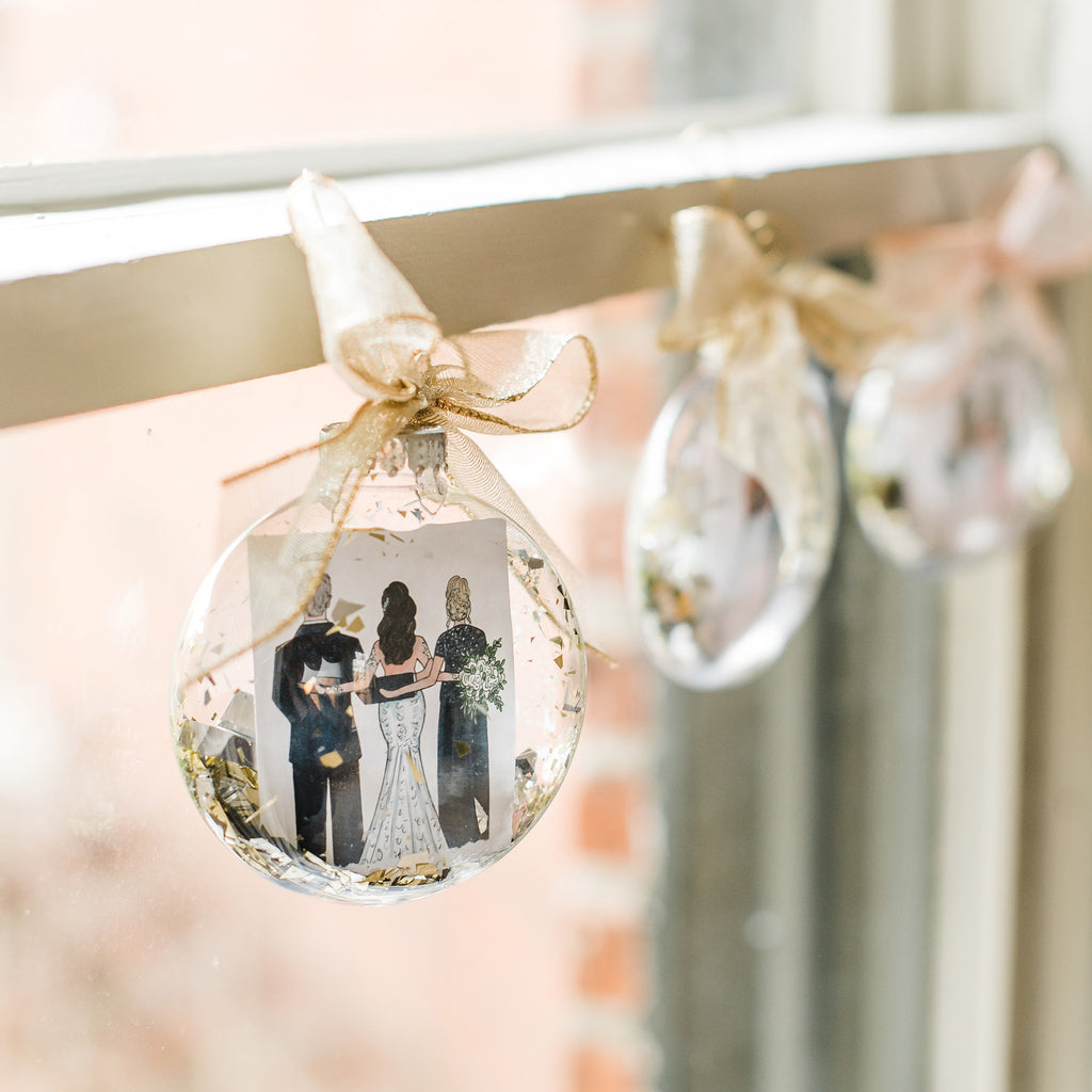 Custom 3 person remembrance wedding ornament with bride and family member in memory such as father of the bride, grandpa of the bride, grandma, sister or mother.