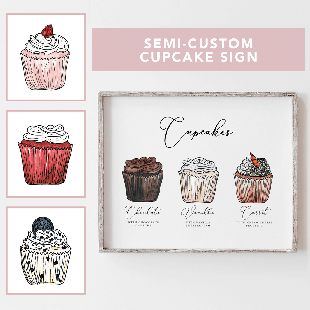 Semi-custom cupcake wedding flavor sign to showcase on desserts table