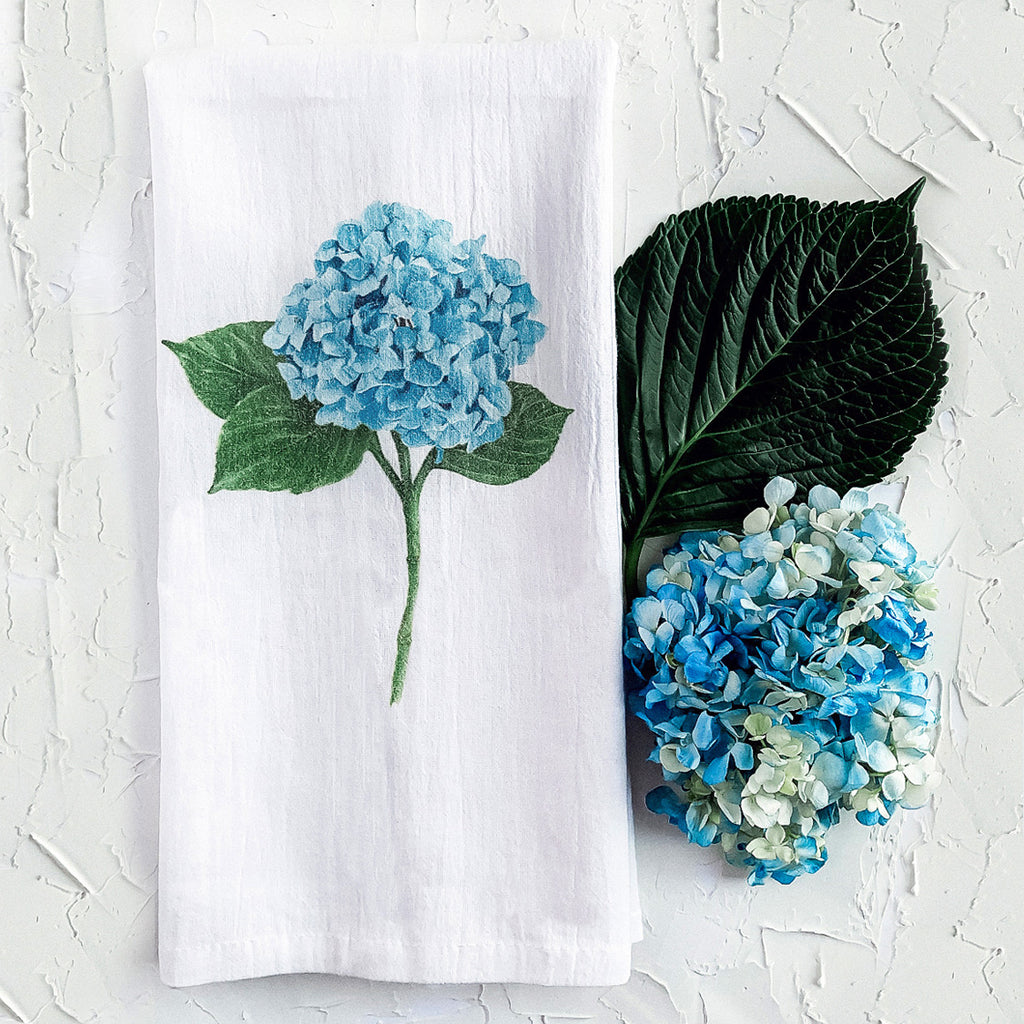 Blue Hydrangea flower art tea towel marker drawing by JesMarried