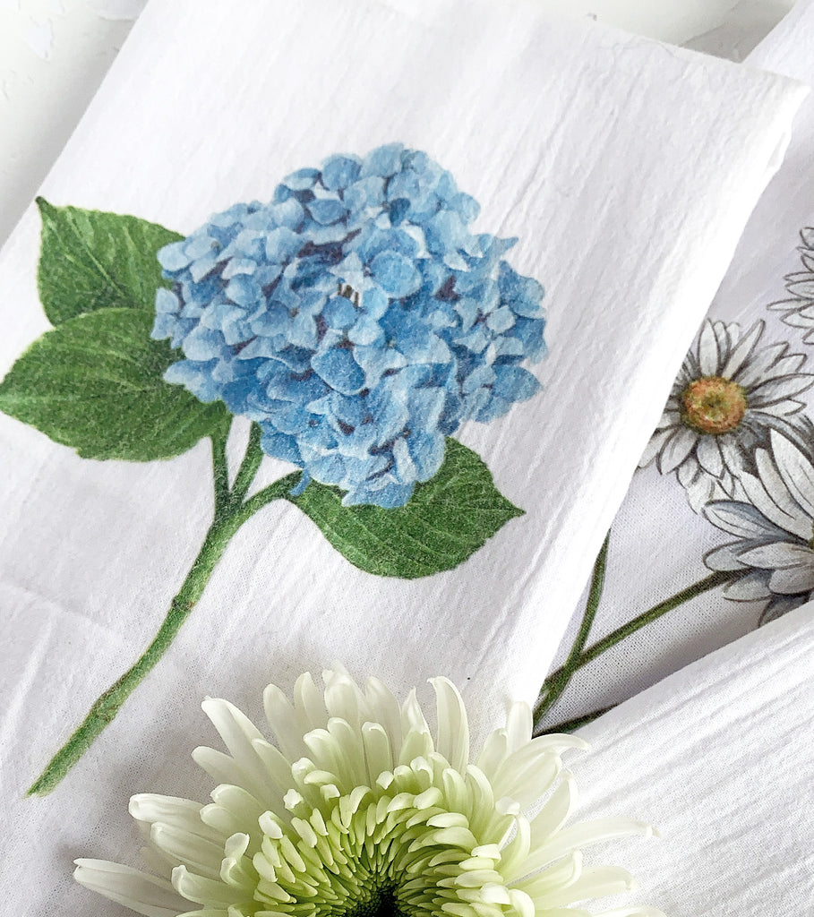 Blue Hydrangea flower art tea towel marker drawing by JesMarried